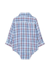 Bodysuit de manga larga a cuadros en azul, rojo y blanco con cuello, puños abotonados y un bolsillo en la parte trasera. Fabricado con un tejido ligero.