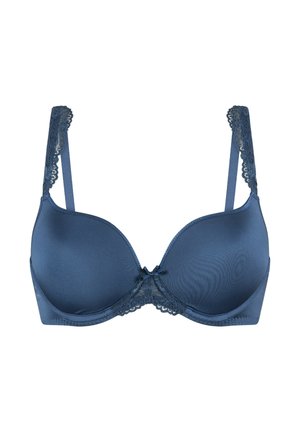 Marineblauwe bh met gladde cups, kanten rand langs de bandjes en het midden, verstelbare bandjes en een subtiele glans op de stof.
