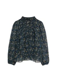 Langærmet gennemsigtig bluse med mørkeblå bund, lille gul og blå blomsterprint, høj krave og samlede elastiske manchetter.
