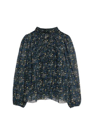 Blusa trasparente a maniche lunghe con base blu scuro, piccolo motivo floreale giallo e blu, colletto alto e polsini elasticizzati arricciati.