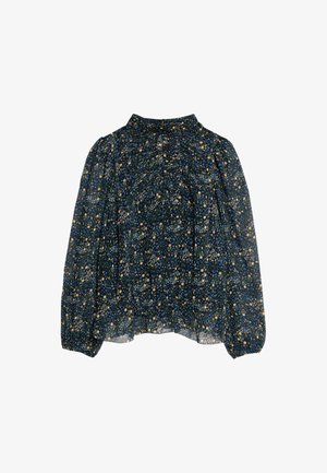 Långärmad genomskinlig blus med mörkblå bas, små gula och blå blommönster, hög krage och samlade elastiska manschetter.