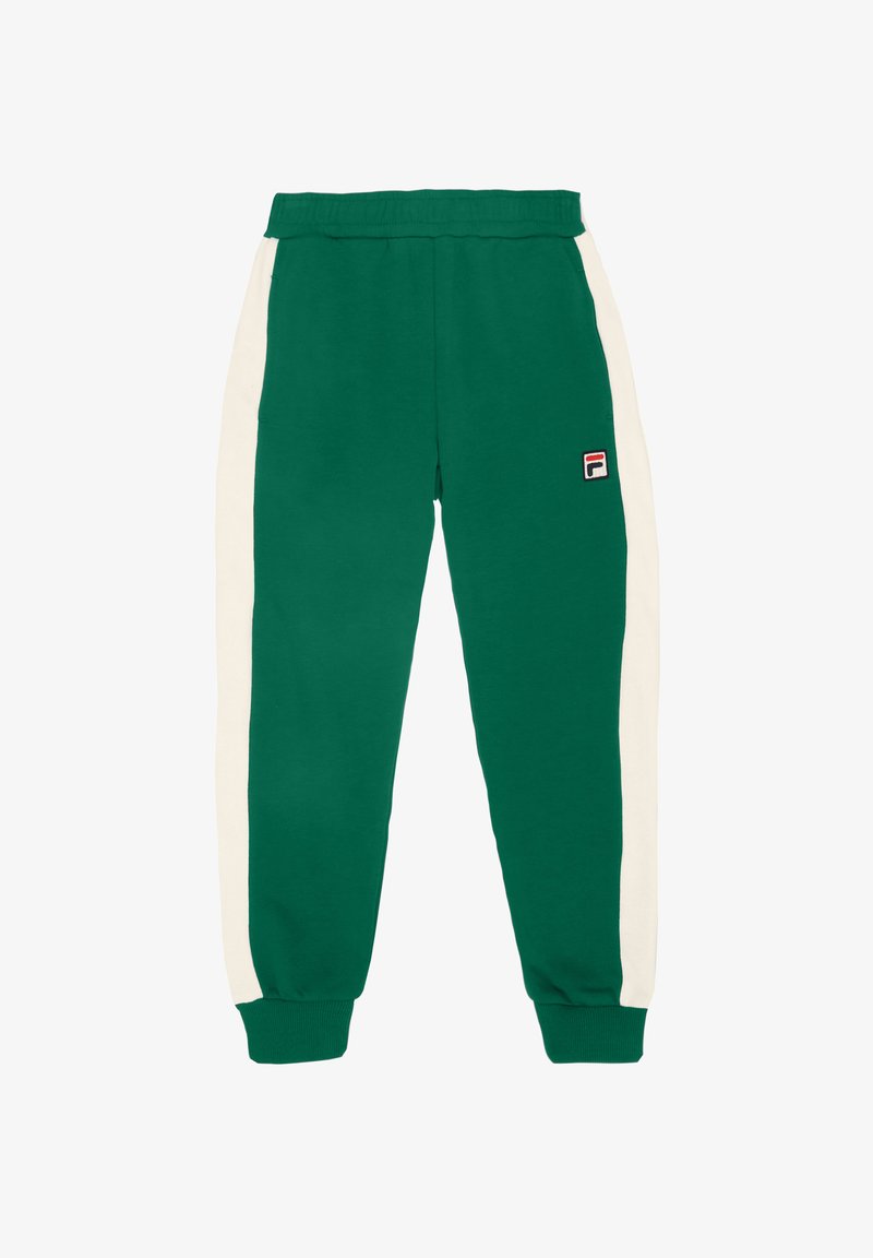 Grüne Sweatpants mit weißen Seitenstreifen, elastischem Bund und gerippten Bündchen. Verfügt über ein kleines Logo-Label an der oberen Seite.