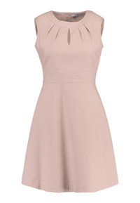 Abito senza maniche di un leggero rosa chiaro, con scollo rotondo, pieghe frontali, apertura a forma di chiave, vita aderente e gonna svasata.