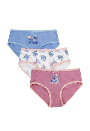 Tre paia di mutandine da ragazza: blu, bianche con motivi e rosa. Materiale in cotone con personaggi stampati e fiocchi decorativi.