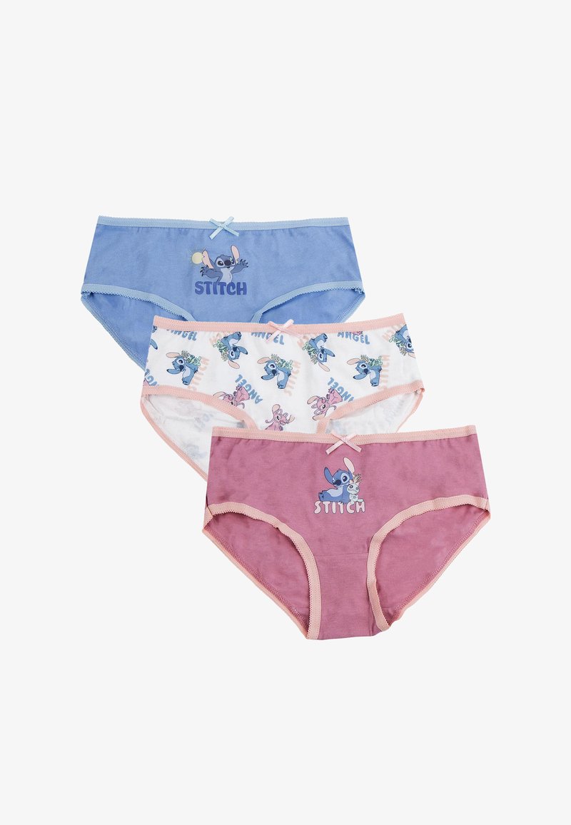 Tre paia di mutandine da ragazza: blu, bianche con motivi e rosa. Materiale in cotone con personaggi stampati e fiocchi decorativi.