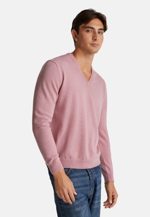 Junger Mann in einem hellrosa V-Ausschnitt-Pullover und blauen Jeans, der seitlich mit einem neutralen Ausdruck vor einem schlichten weißen Hintergrund steht.