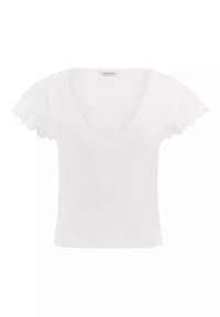 Top bianco a maniche corte con scollo a V. Presenta un tessuto strutturato e maniche a volant. Design semplice adatto per un abbigliamento casual.