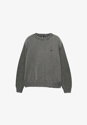 Pull en maille grise avec un col rond côtelé, des poignets et un ourlet côtelés, et des manches texturées. Présente un petit logo sur la poitrine.