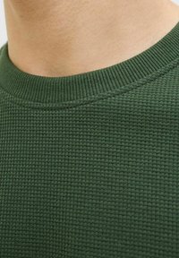 Mørkegrøn, tekstureret striktrøje med ribbet rund hals og vaffelmønster, der fremhæver dets bløde, chunky stof og indviklede detaljer.