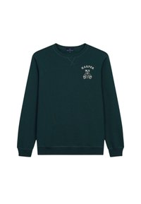 Sudadera de color verde oscuro hecha de algodón, con cuello redondo, puños acanalados y un diseño bordado de un oso con el nombre "HARPER."