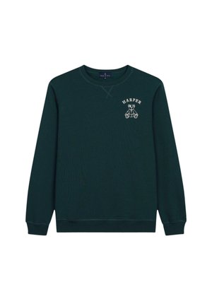 Ciemnozielony sweter z bawełny, z okrągłym dekoltem, ściągaczami na mankietach oraz haftowanym wzorem niedźwiedzia z imieniem "HARPER."