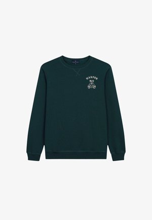 Ciemnozielony sweter z bawełny, z okrągłym dekoltem, ściągaczami na mankietach oraz haftowanym wzorem niedźwiedzia z imieniem "HARPER."