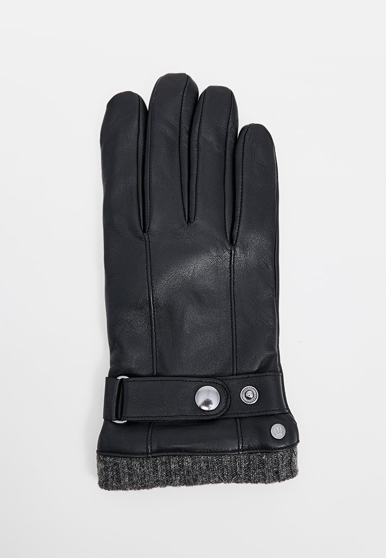 Schwarzer Lederhandschuh mit drei Nähten an den Fingern, grauem geripptem Bündchen und verstellbarem Riemen mit silbernen Hardwaredetails.