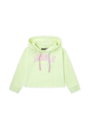 Sudadera corta verde claro con capucha, cordones rosas y la palabra "JUNGLE" impresa en letras rosas en la parte delantera.