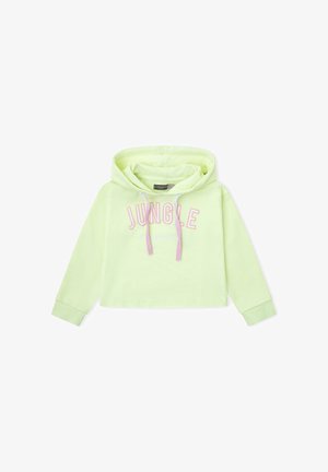 Sudadera corta verde claro con capucha, cordones rosas y la palabra "JUNGLE" impresa en letras rosas en la parte delantera.