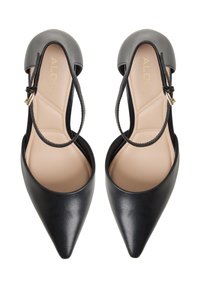Black pointed-toe heels with a smooth leather upper, ankle strap, and a beige insole. The design features a sleek silhouette and minimal hardware.