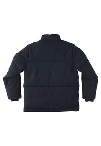 Mörkblå vadderad jacka med hög krage, långa ärmar och stickade detaljer. Slät textur, inga synliga knäppningar eller logotyper.