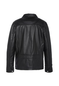 Schwarze Lederjacke mit glatter Textur, klassischem Design, spitzem Kragen und Druckknopfdetails an den Manschetten. Verfügt über zwei Rückentaschen.