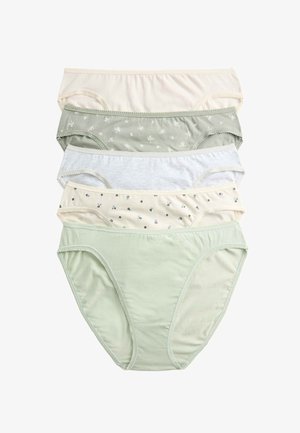 Fem par dames bomuldsunderbukser i forskellige nuancer af grøn, creme og grå med blonder og blomsterprint på nogle af dem.