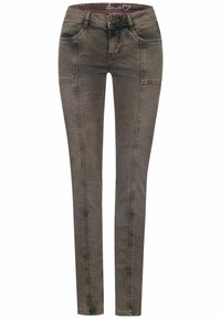 Slim-fit džiny v tmavě šedém denimu, s předními kapsami, podrobným šitím a zapínáním na knoflík v pase. Hladká textura po celé délce.