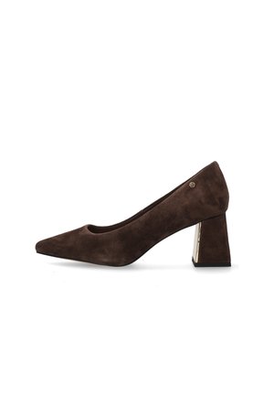 Brauner Veloursleder-Damenschuh mit spitzer Zehenpartie und breitem Blockabsatz mit metallischem Akzent auf der Innenseite.