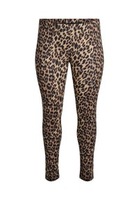 Leopard print leggings with a stretchy, soft fabric. Tan base with dark brown spots. Mid-rise waist and tapered leg design.