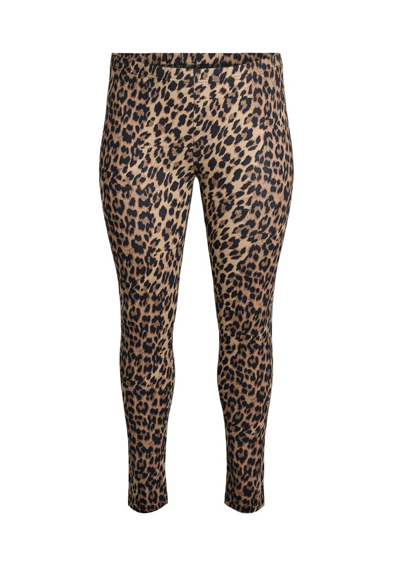 Leopard print leggings with a stretchy, soft fabric. Tan base with dark brown spots. Mid-rise waist and tapered leg design.