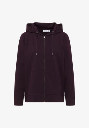 Felpa viola con zip, dotata di cappuccio regolabile, due tasche frontali, polsini a coste e una superficie liscia. Etichetta del marchio "CECIL" all'interno del colletto.