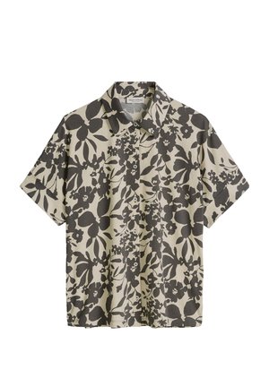 Short-sleeve button-up shirt with black and beige tropical floral pattern and classic collar.