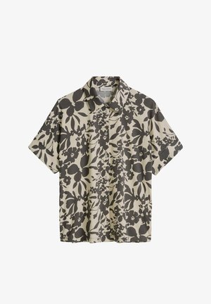 Short-sleeve button-up shirt with black and beige tropical floral pattern and classic collar.