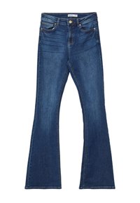 Jeans a campana in denim blu scuro con alta vita, dotati di tasche frontali, chiusura con bottone e cuciture classiche lungo le cuciture.