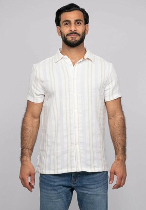Homme aux cheveux courts et foncés et à la barbe, portant une chemise blanche à manches courtes avec des rayures claires et un jean bleu, debout devant un fond gris.