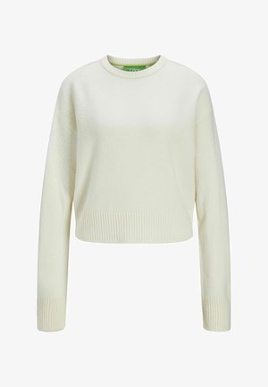 Krémový zkrácený svetr s dlouhými rukávy, ribovaný spodní lem a manžety, vyrobený z měkkého, strukturovaného materiálu. Má kulatý výstřih.