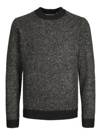Teksturert grå genser med rund hals, svarte mansjetter og kant. Har en blanding av fibre for visuelt interesse og varme.