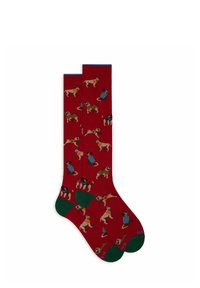 Calze rosse con accenti verdi che presentano cani a fantasia con vari outfit, design lavorato a maglia, spessore medio e lunghezza alla caviglia.