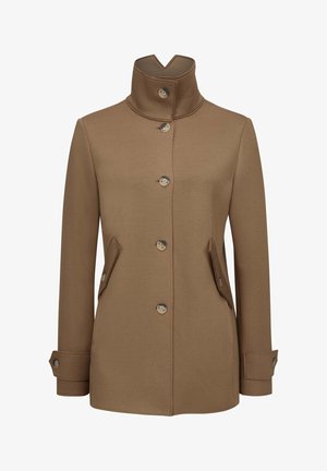 Brown jacket made from smooth fabric, featuring a high collar, button front, and side pockets with angled flaps. Tailored fit with cuffed sleeves.