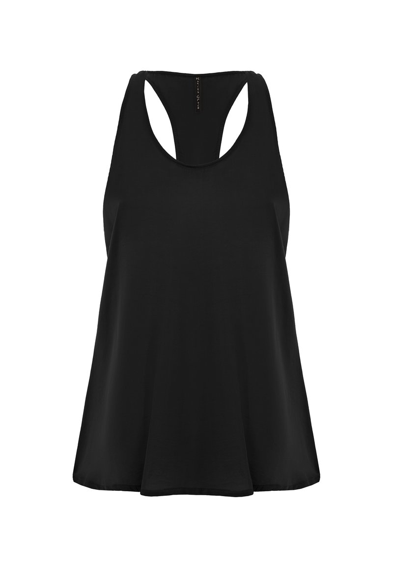 Top sans manches noir avec un col rond et un dos ouvert. Fabriqué en tissu doux, il présente une coupe décontractée et une texture lisse.