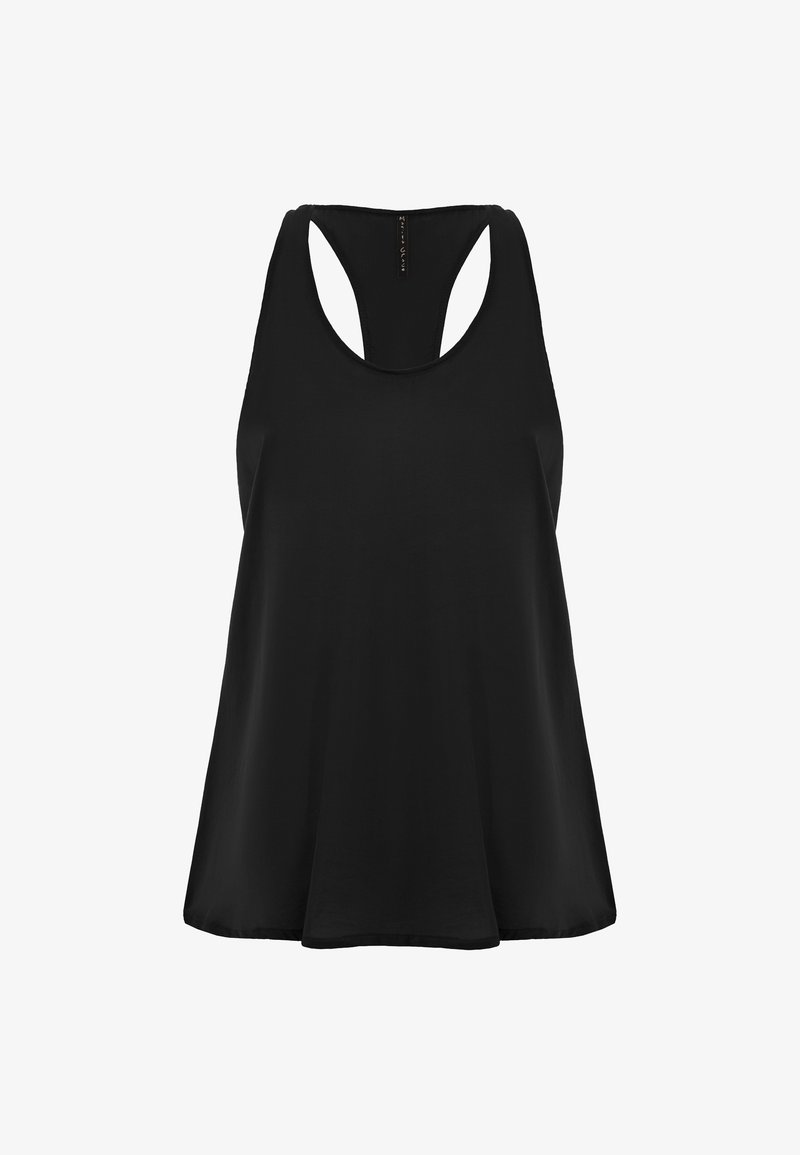 Top sans manches noir avec un col rond et un dos ouvert. Fabriqué en tissu doux, il présente une coupe décontractée et une texture lisse.