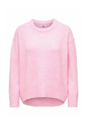 Pull en maille rose douce avec manches longues, encolure ronde, poignets et ourlet côtelés, présenté sur fond blanc.