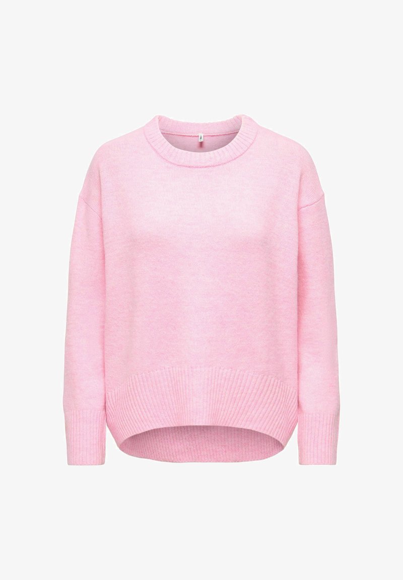 Pull en maille rose douce avec manches longues, encolure ronde, poignets et ourlet côtelés, présenté sur fond blanc.