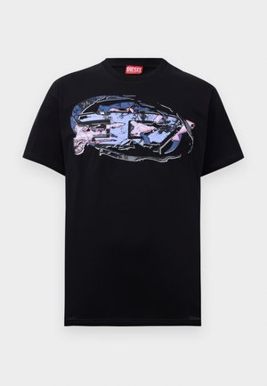 Black Diesel t-shirt with round neck, featuring a large distressed oval graphic in blue, pink, and white on the front.