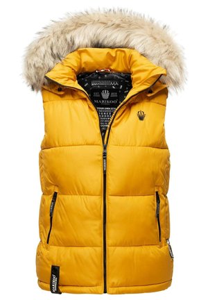 Rumena puffer brezrokavnica s kapuco iz umetnega krzna, zadrgo, dvema stranskima žepoma in črnim oznako blagovne znamke. Ima šivano oblazinjenje in oblečeno podlogo.