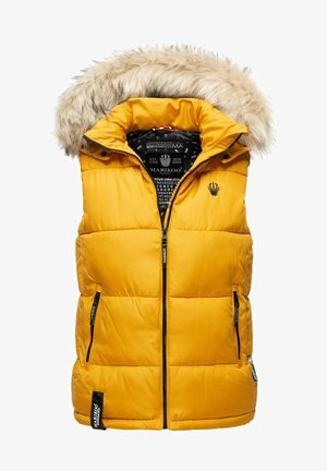 Geel puffer vest met nep-bont capuchon, ritsluiting, twee zijzakken en zwart merklabel. Voorzien van gestikte vulling en een gestreepte voering.