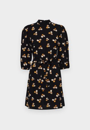 Black dress with a high neckline, three-quarter puff sleeves, and a belted waist. Features a floral pattern in white and orange.
