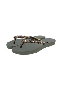 Flip-flops met een gevarieerde grijze foam zool en decoratieve zilverkleurige banden versierd met roze en donkerpaarse edelstenen.