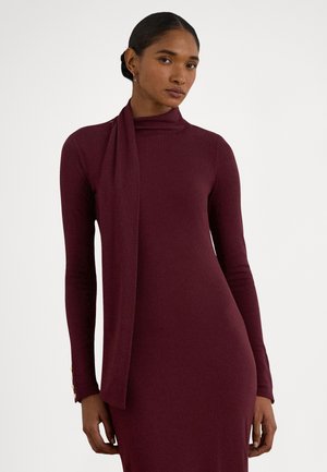 SCARF-TRIM COTTON-BLEND RIB-KNIT DRESS - Φόρεμα-πουλόβερ - dark garnet