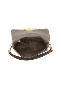 Graue Lederhandtasche mit strukturiertem Design, goldfarbenem Verschluss und geräumigem Innenraum. Inklusive abnehmbarem braunem Schulterriemen.