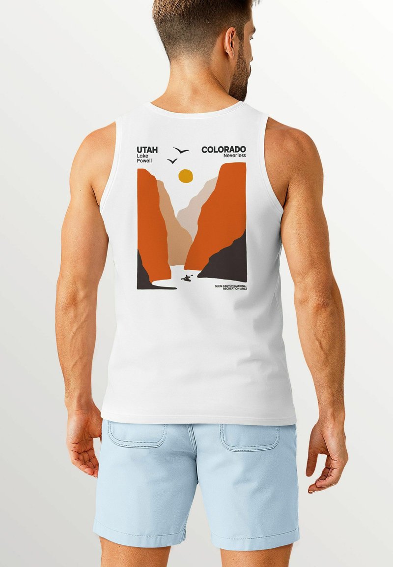 White tank top with a graphic design on the back. The design features orange mountains, a yellow sun, two birds, and text reading "UTAH Lake Powell" and "COLORADO Neverless."