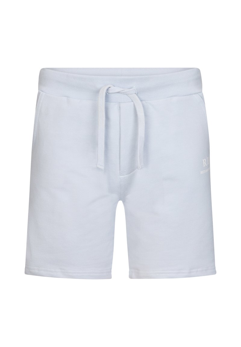 Shorts di cotone azzurro chiaro con cintura elastica, lacci regolabili e tasche laterali. Presenta un logo sottile sul davanti.