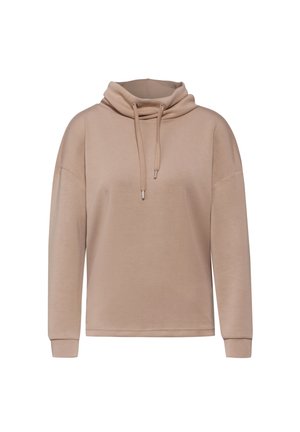 Beige lange mouwen pullover met een hoge col en verstelbare koorden, gladde stof, ontspannen pasvorm.